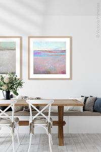 Sweet square abstract seascape painting "Marathon Miles," printable wall art by Victoria Primicias, decorates the dining room.