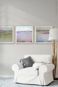 Sweet square abstract landscape art "Marathon Miles," printable wall art by Victoria Primicias, decorates the living room.