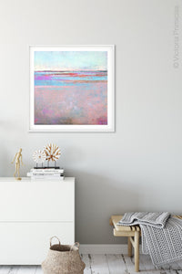 Sweet square abstract beach painting "Marathon Miles," printable wall art by Victoria Primicias, decorates the entryway.
