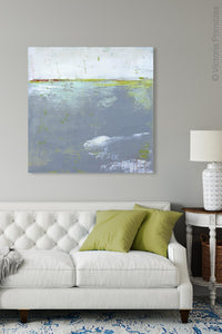 Neutral color abstract ocean art "Marthas Shallows," downloadable art by Victoria Primicias, decorates the living room.