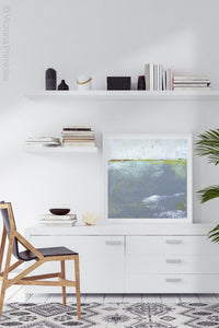 Neutral color abstract ocean art "Marthas Shallows," digital print by Victoria Primicias, decorates the office.
