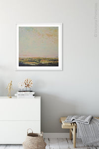 Modern abstract beach artwork "Martini Morning," printable wall art by Victoria Primicias, decorates the entryway.