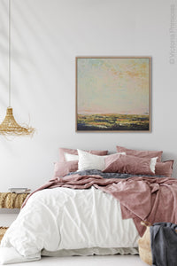 Modern abstract beach artwork "Martini Morning," printable wall art by Victoria Primicias, decorates the bedroom.