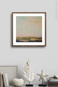 Modern abstract beach artwork "Martini Morning," printable wall art by Victoria Primicias, decorates the wall.
