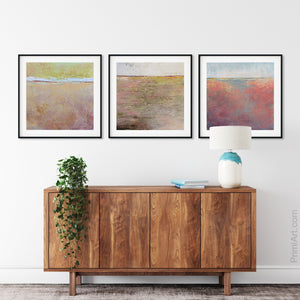 Sweet abstract beach artwork "Melon Melee," digital print by Victoria Primicias, decorates the foyer.
