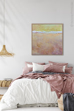 Load image into Gallery viewer, Sweet abstract beach artwork &quot;Melon Melee,&quot; downloadable art by Victoria Primicias, decorates the bedroom.
