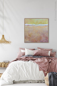 Sweet abstract beach artwork "Melon Melee," downloadable art by Victoria Primicias, decorates the bedroom.