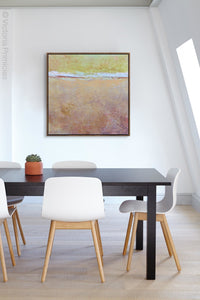 Sweet abstract beach artwork "Melon Melee," downloadable art by Victoria Primicias, decorates the office.