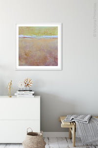 Sweet abstract beach artwork "Melon Melee," digital print by Victoria Primicias, decorates the hallway.