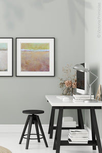 Sweet abstract beach artwork "Melon Melee," digital download by Victoria Primicias, decorates the office.
