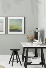 Load image into Gallery viewer, Chartreuse abstract beach artwork &quot;Merchant Skies,&quot; digital art landscape by Victoria Primicias, decorates the office.
