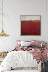 Bold abstract coastal wall decor "Merlot Passage," printable wall art by Victoria Primicias, decorates the bedroom.