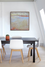 Load image into Gallery viewer, Contemporary coastal abstract ocean painting &quot;Migrant Shores,&quot; canvas art print by Victoria Primicias, decorates the office.
