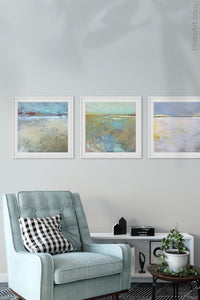 Tan abstract landscape art "Mint Melody," printable wall art by Victoria Primicias, decorates the living room.