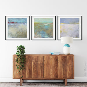 Tan abstract ocean art "Mint Melody," printable wall art by Victoria Primicias, decorates the entryway.