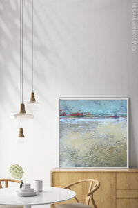 Large abstract ocean painting "Mint Melody," canvas wall art by Victoria Primicias, decorates the dining room.