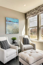 Load image into Gallery viewer, Large abstract ocean painting &quot;Mint Melody,&quot; canvas wall art by Victoria Primicias, decorates the living room.

