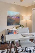 Load image into Gallery viewer, Orange abstract landscape art &quot;Minuet,&quot; digital art by Victoria Primicias, decorates the office.
