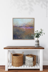Orange abstract landscape painting "Minuet," wall art print by Victoria Primicias, decorates the hallway.