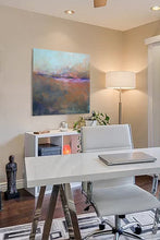 Load image into Gallery viewer, Orange abstract ocean painting &quot;Minuet,&quot; fine art print by Victoria Primicias, decorates the office.
