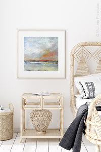 Modern abstract landscape painting "Missing Stream," printable wall art by Victoria Primicias, decorates the bedroom.