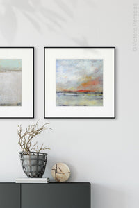 Modern landscape painting "Missing Stream," printable wall art by Victoria Primicias, decorates the hallway.