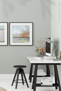 Modern abstract landscape art "Missing Stream," printable wall art by Victoria Primicias, decorates the office.