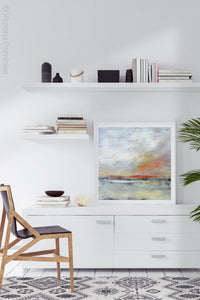 Modern abstract landscape art "Missing Stream," printable wall art by Victoria Primicias, decorates the office.