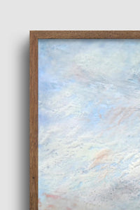 Closeup detail of neutral color abstract landscape painting "Missing Stream," canvas wall art by Victoria Primicias