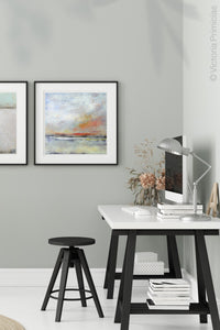 Neutral color abstract landscape art "Missing Stream," canvas print by Victoria Primicias, decorates the office.