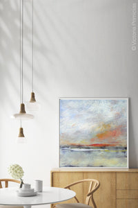 Neutral color abstract landscape painting "Missing Stream," canvas wall art by Victoria Primicias, decorates the dining room.