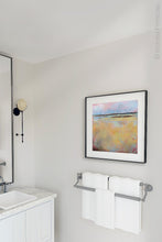 Load image into Gallery viewer, Coastal abstract landscape painting &quot;Morning Gallery,&quot; downloadable art by Victoria Primicias, decorates the bathroom.
