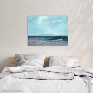 abstract coastal seascape 30x40 hangs in a bedroom