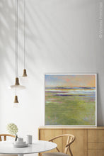 Load image into Gallery viewer, Horizon abstract landscape art &quot;Novel Sheets,&quot; downloadable art by Victoria Primicias, decorates the dining room.
