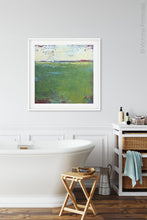 Load image into Gallery viewer, Green abstract ocean painting &quot;On Course,&quot; giclee print by Victoria Primicias, decorates the bathroom.
