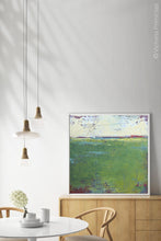 Load image into Gallery viewer, Green abstract landscape painting &quot;On Course,&quot; fine art print by Victoria Primicias, decorates the dining room.

