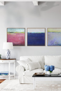 Modern pink abstract ocean wall art "Painted Lady," digital download by Victoria Primicias, decorates the living room.