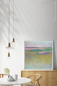 Unique abstract coastal wall decor "Pastel Inlet," downloadable art by Victoria Primicias, decorates the dining room.