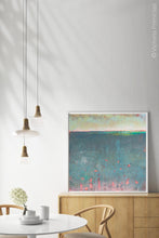 Load image into Gallery viewer, Unique abstract coastal wall art &quot;Patrician Lake,&quot; digital artwork by Victoria Primicias, decorates the dining room.
