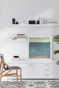 Bluegreen abstract beach artwork "Patrician Lake," canvas print by Victoria Primicias, decorates the office.