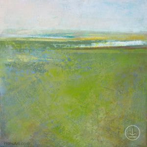 Square contemporary abstract landscape painting "Peridot Pastures," printable wall art by Victoria Primicias