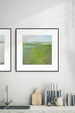 Load image into Gallery viewer, Square contemporary abstract coastal wall art &quot;Peridot Pastures,&quot; printable wall art by Victoria Primicias, decorates the kitchen.
