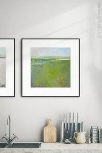 Contemporary abstract landscape art "Peridot Pastures," canvas wall art by Victoria Primicias, decorates the kitchen.
