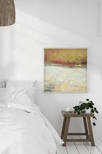 Modern abstract landscape art "Persian Promise," digital print by Victoria Primicias, decorates the bedroom.
