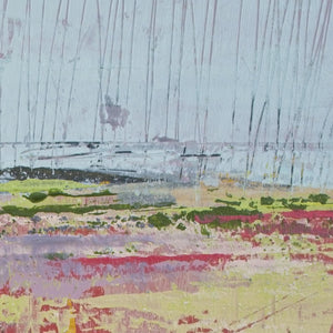 Closeup detail of colorful abstract landscape art "Pink Parade," digital art landscape by Victoria Primicias