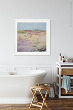 Load image into Gallery viewer, Colorful abstract landscape painting &quot;Pink Parade,&quot; downloadable art by Victoria Primicias, decorates the bath
