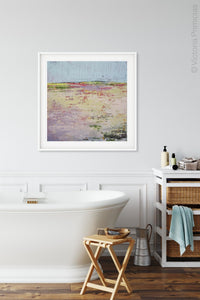Colorful abstract landscape painting "Pink Parade," downloadable art by Victoria Primicias, decorates the bath