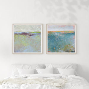 Serene abstract ocean painting "Plum Passages," downloadable art by Victoria Primicias, decorates the bedroom.