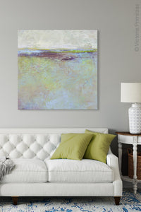 Serene abstract ocean painting "Plum Passages," downloadable art by Victoria Primicias, decorates the living room.