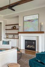 Load image into Gallery viewer, Serene abstract beach painting &quot;Plum Passages,&quot; digital print by Victoria Primicias, decorates the fireplace.
